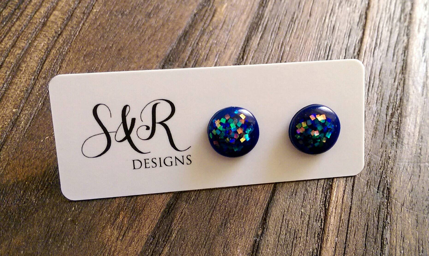 Circle Resin Stud Earrings, Blue Holographic Glitter 12mm - Silver and Resin Designs