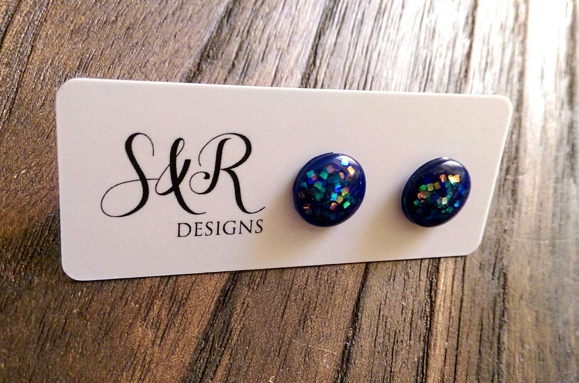 Circle Resin Stud Earrings, Blue Holographic Glitter 12mm - Silver and Resin Designs