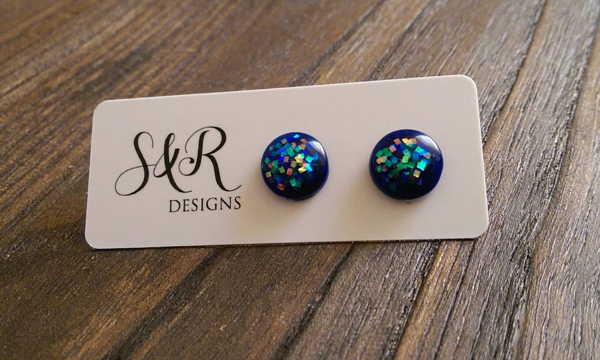 Circle Resin Stud Earrings, Blue Holographic Glitter 12mm - Silver and Resin Designs
