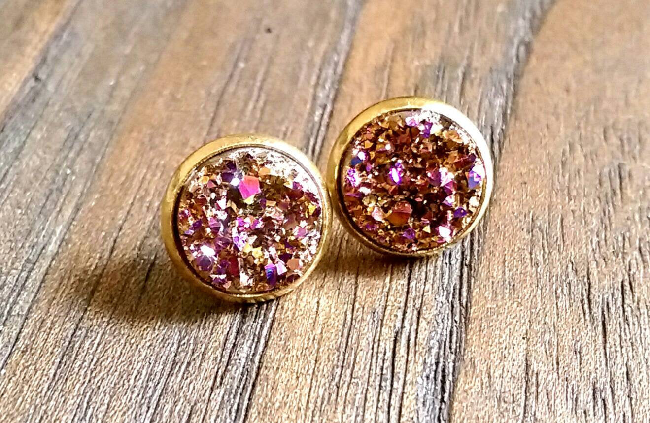 Rose Pink Faux Druzy Stud Earrings, Gold Plated Stainless Steel Earrings 12mm - Silver and Resin Designs