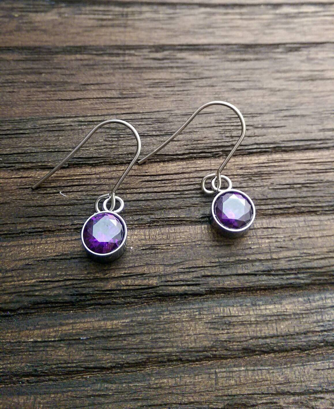 Purple Cubic Zirconia Dangle Bezel Earrings, CZ Dangle Earrings, Stainless Steel Hook Earrings - Silver and Resin Designs