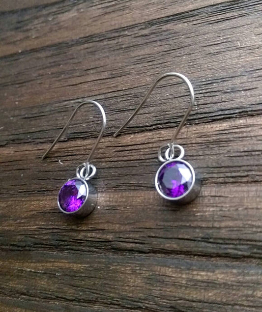 Purple Cubic Zirconia Dangle Bezel Earrings, CZ Dangle Earrings, Stainless Steel Hook Earrings - Silver and Resin Designs