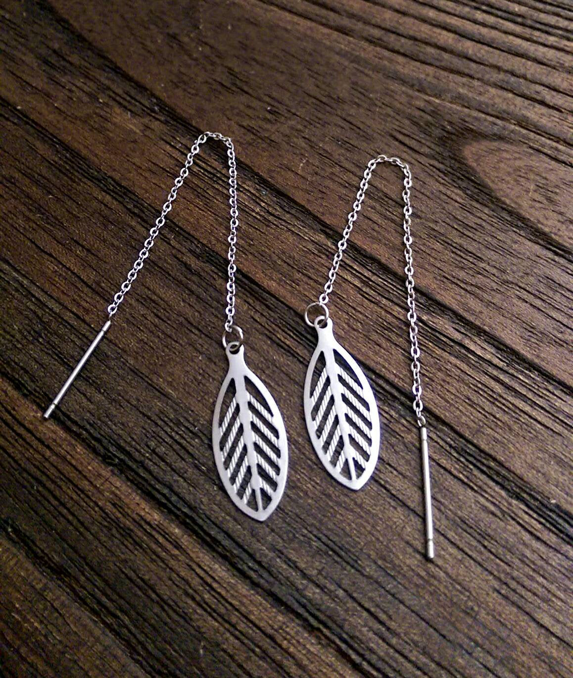 Leaf Filigree Stainless Steel Dangle Thread Earrings, Threader Earrings.