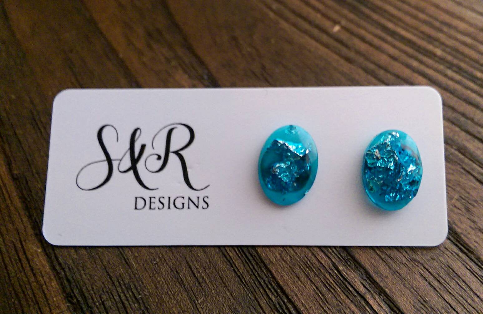 Oval Gem Resin Stud Earrings, Aquamarine Silver Leaf Earrings, Stainless Steel Stud Earrings. - Silver and Resin Designs