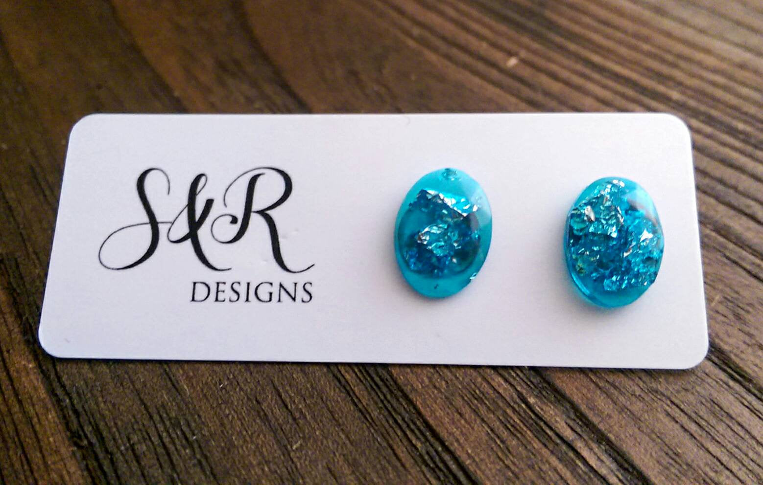 Oval Gem Resin Stud Earrings, Aquamarine Silver Leaf Earrings, Stainless Steel Stud Earrings. - Silver and Resin Designs