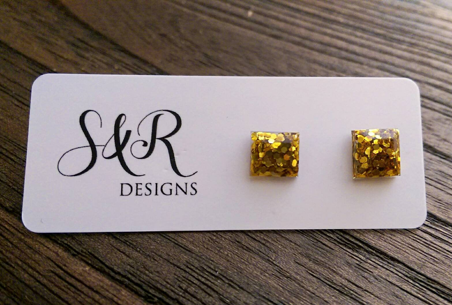 Square Resin Stud Earrings, Glitter Earrings, Gold Glitter Earrings made with Stainless Steel. 8mm - Silver and Resin Designs