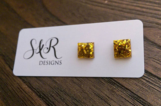 Square Resin Stud Earrings, Glitter Earrings, Gold Glitter Earrings made with Stainless Steel. 8mm - Silver and Resin Designs