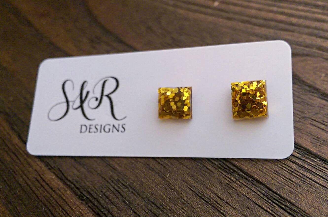 Square Resin Stud Earrings, Glitter Earrings, Gold Glitter Earrings made with Stainless Steel. 8mm - Silver and Resin Designs