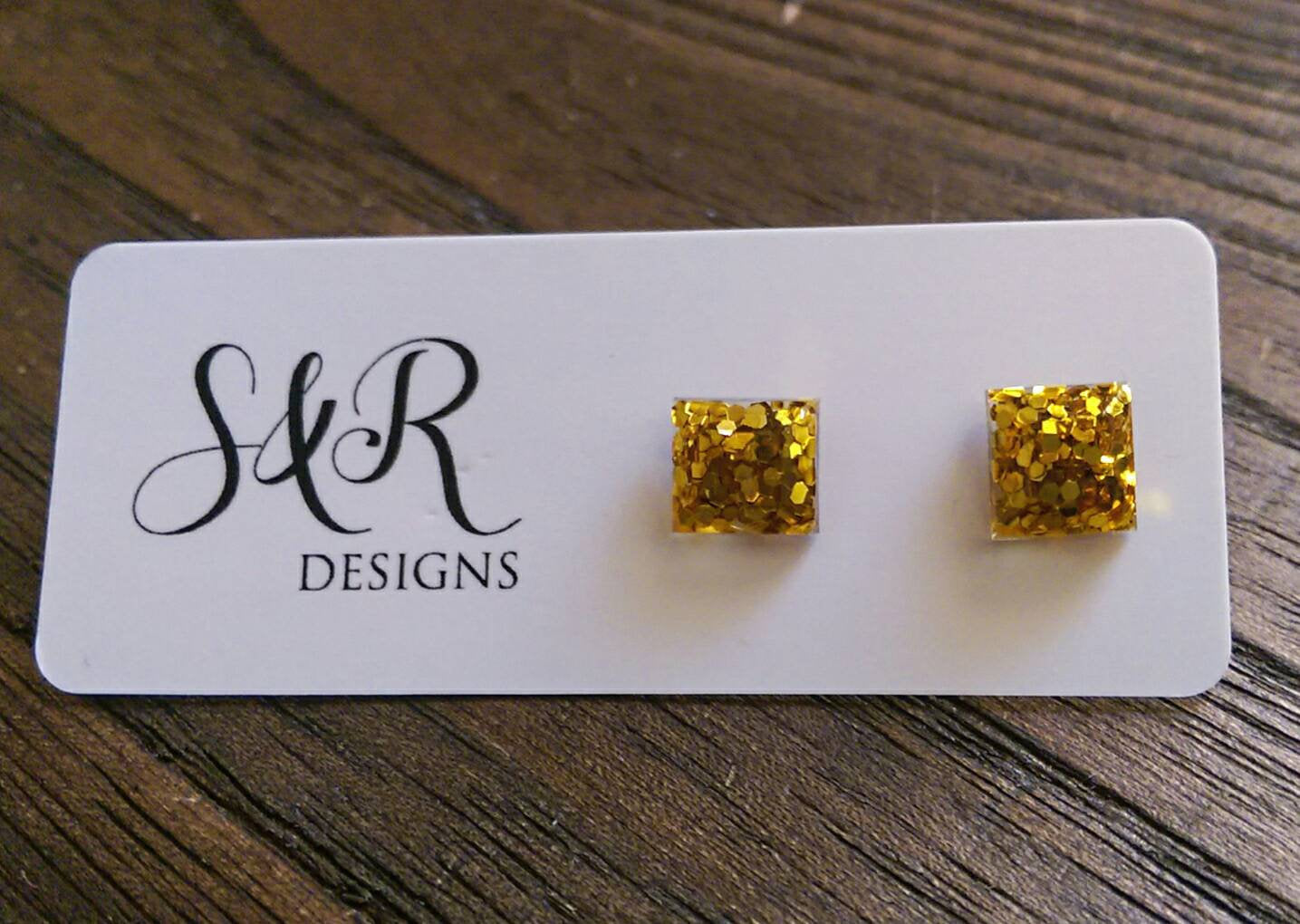 Square Resin Stud Earrings, Glitter Earrings, Gold Glitter Earrings made with Stainless Steel. 8mm - Silver and Resin Designs