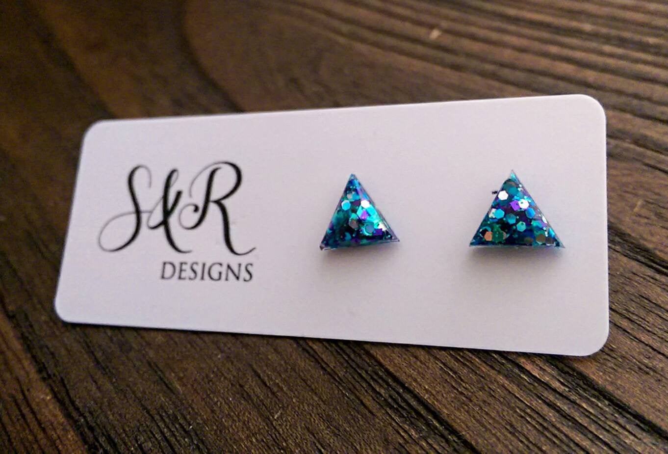Triangle Resin Stud Earrings, Glitter Earrings, Blue Teal Purple Glitter 10mm - Silver and Resin Designs