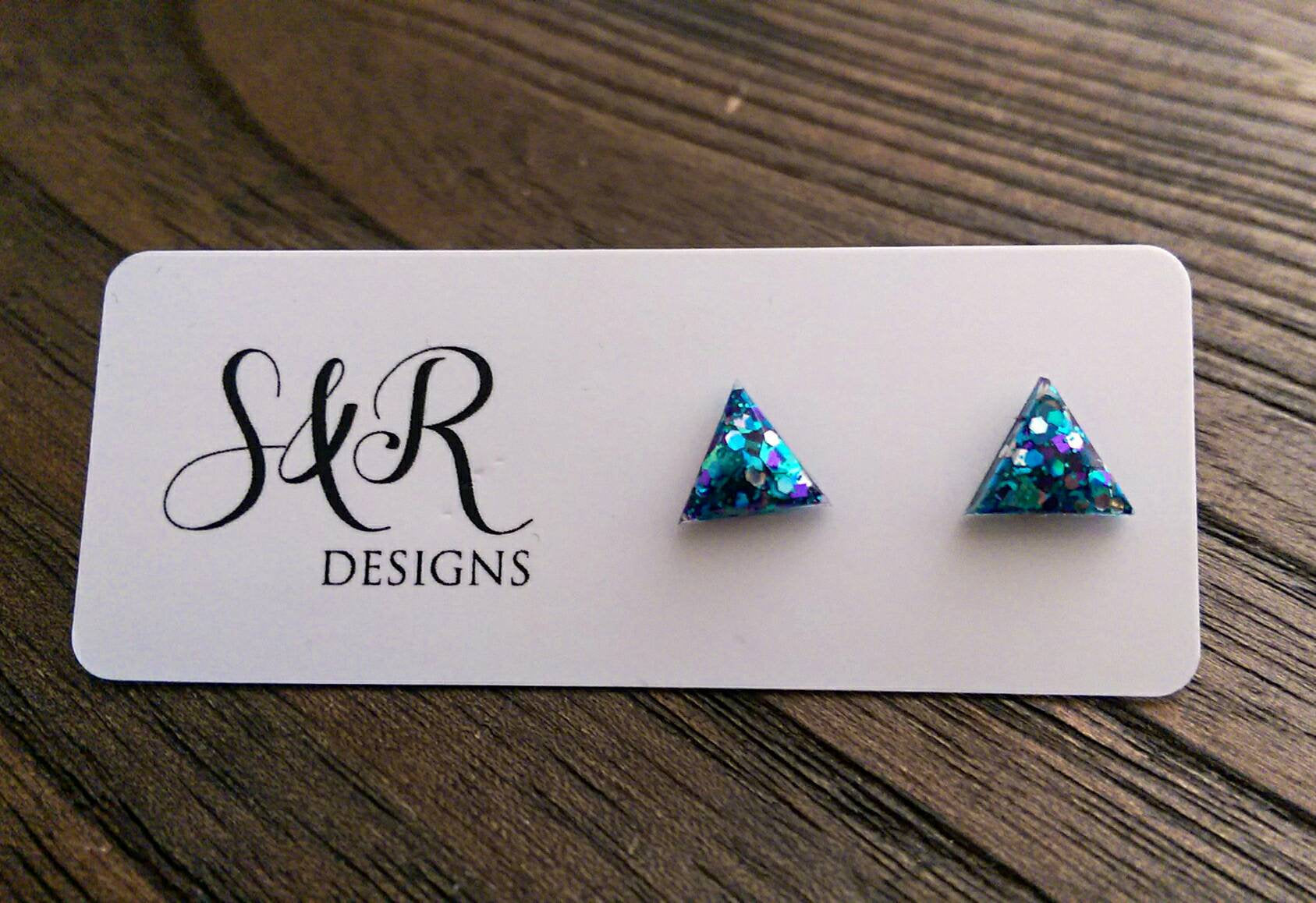 Triangle Resin Stud Earrings, Glitter Earrings, Blue Teal Purple Glitter 10mm - Silver and Resin Designs
