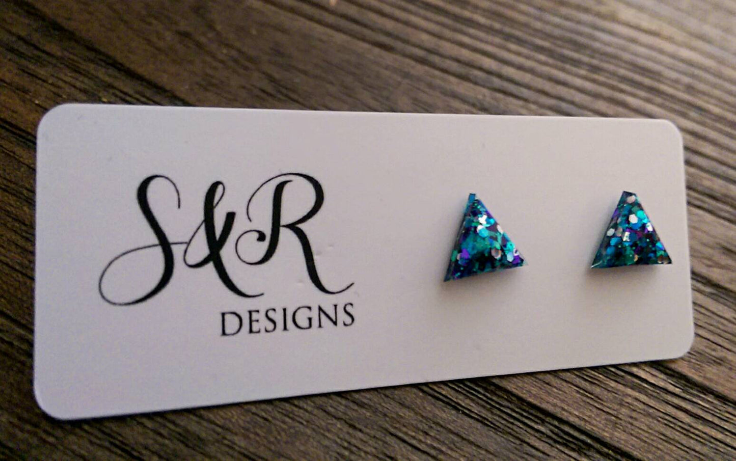 Triangle Resin Stud Earrings, Glitter Earrings, Blue Teal Purple Glitter 10mm - Silver and Resin Designs