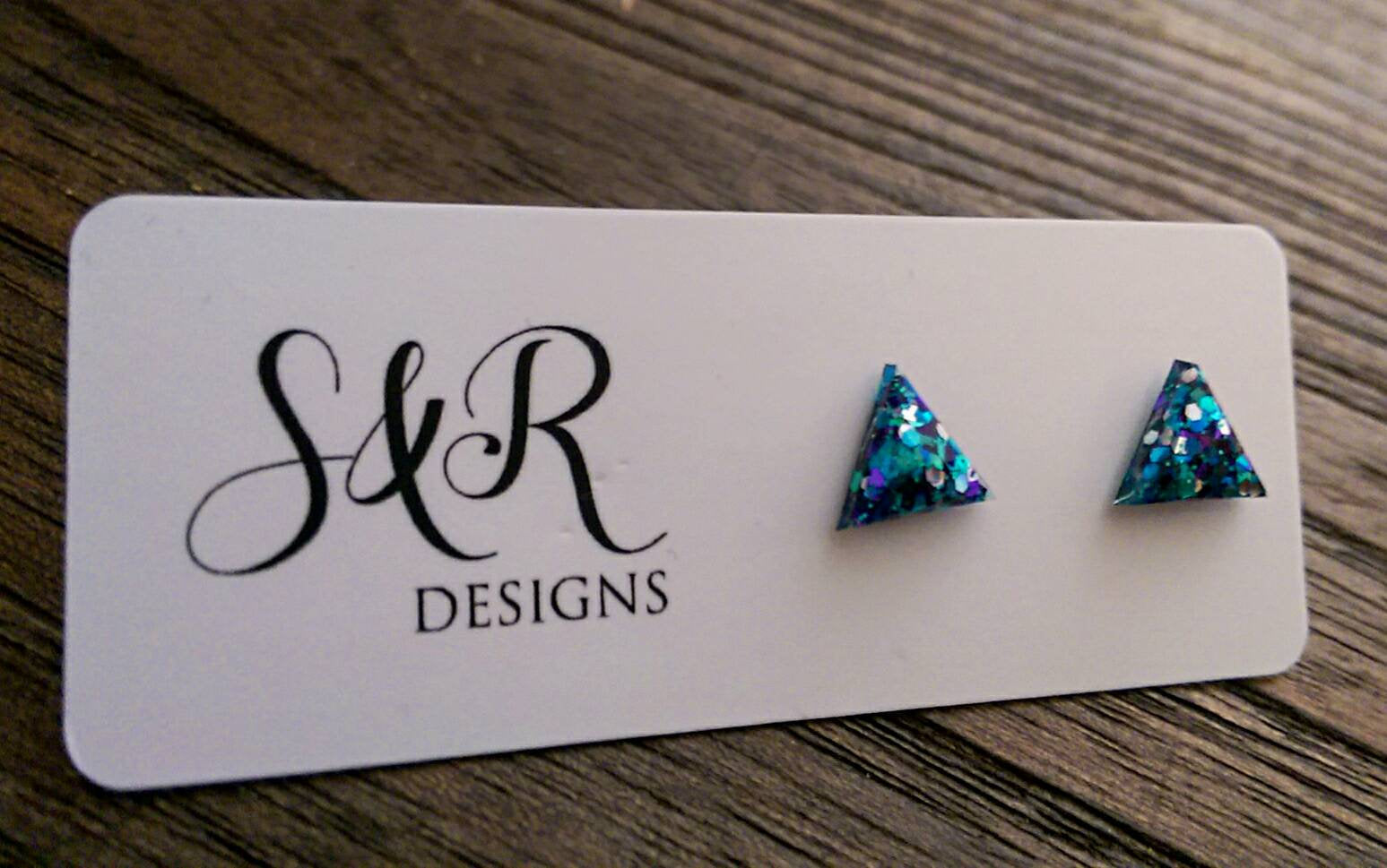 Triangle Resin Stud Earrings, Glitter Earrings, Blue Teal Purple Glitter 10mm - Silver and Resin Designs