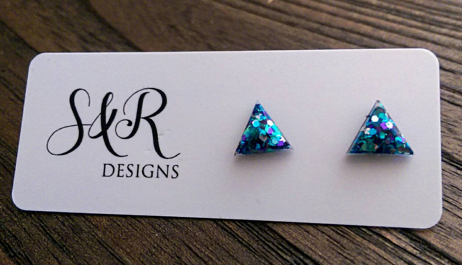 Triangle Resin Stud Earrings, Glitter Earrings, Blue Teal Purple Glitter 10mm - Silver and Resin Designs