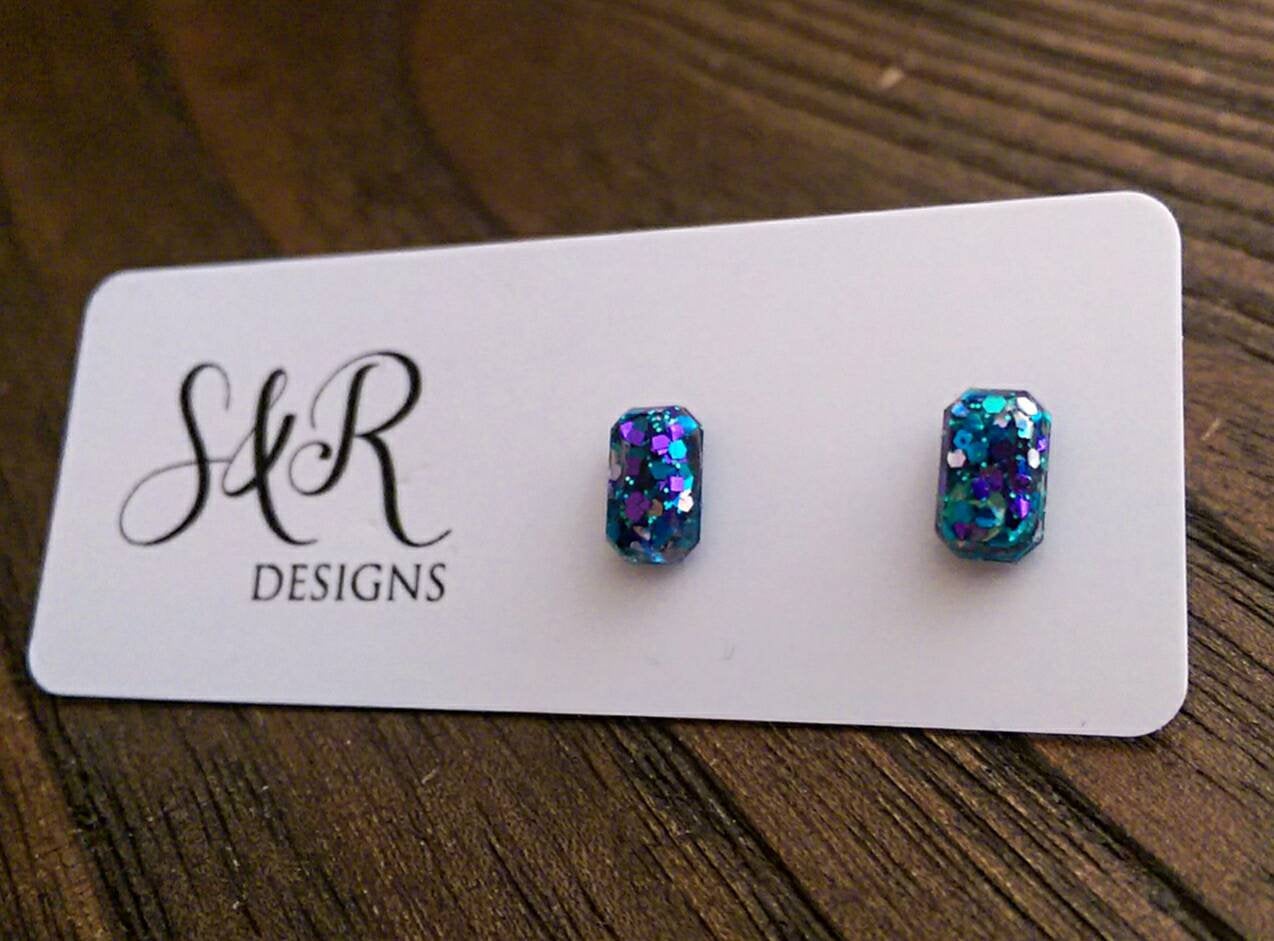 Emerald Cut Resin Stud Earrings, Glitter Earrings, Earrings made with Stainless Steel. 15mm X 10mm or 9mm X 6mm Minimalist Studs