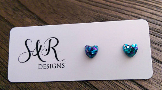 Mini Heart Resin Stud Earrings, Glitter Earrings, Blue Teal Purple Glitter 6mm Minimalist Earrings - Silver and Resin Designs