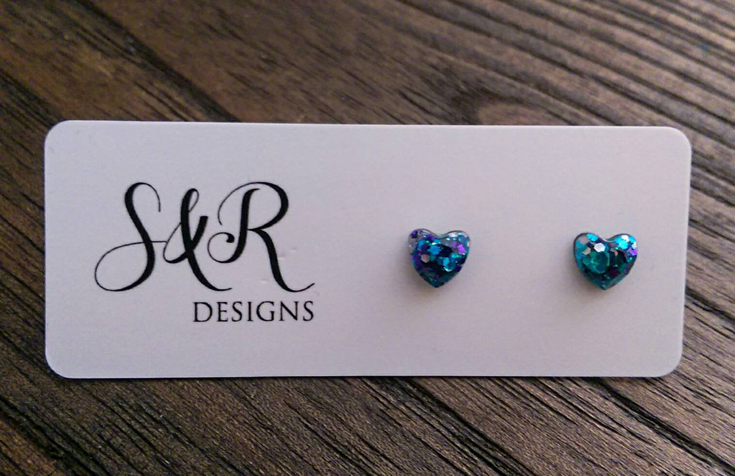 Mini Heart Resin Stud Earrings, Glitter Earrings, Blue Teal Purple Glitter 6mm Minimalist Earrings - Silver and Resin Designs