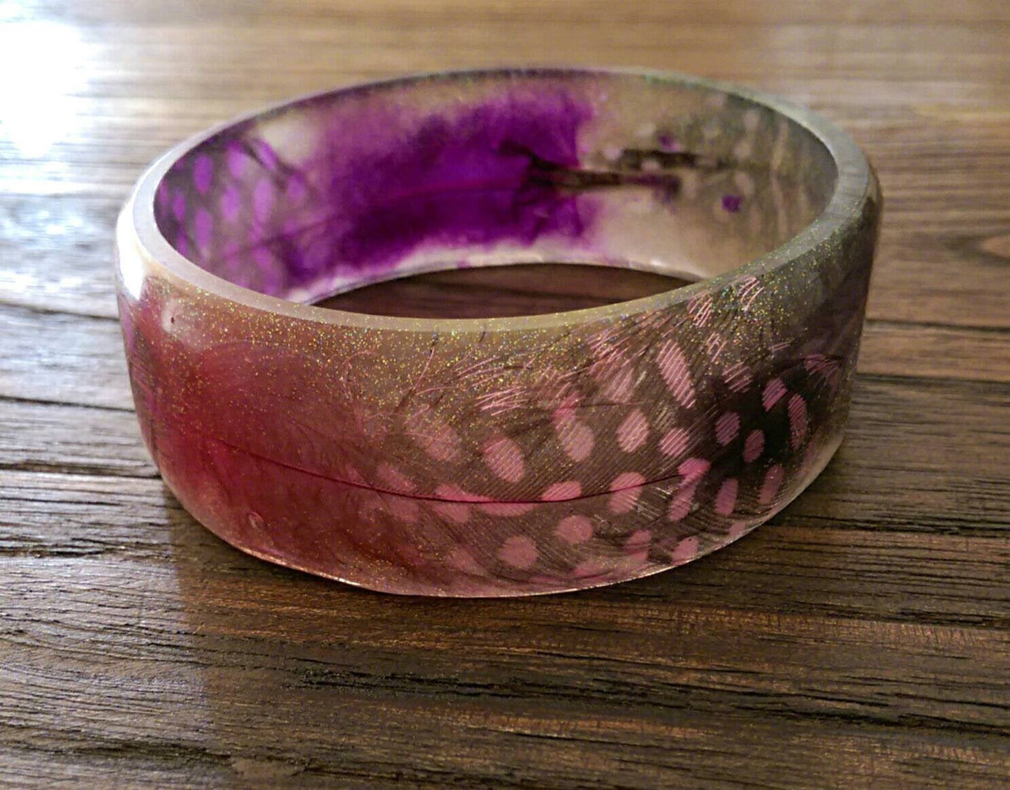Coloured Feather Statement Resin Bangle mixed Glitter with Handmade