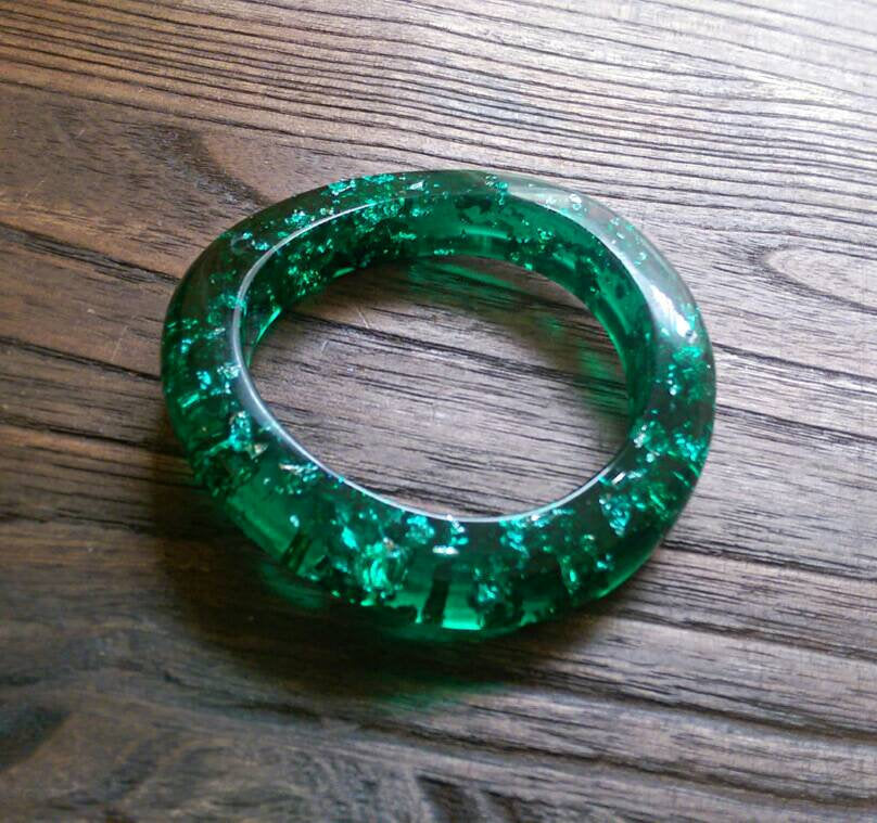Resin Bangle, Emerald Green Silver Foil Mix Wave Design Handmade Bangle - Silver and Resin Designs