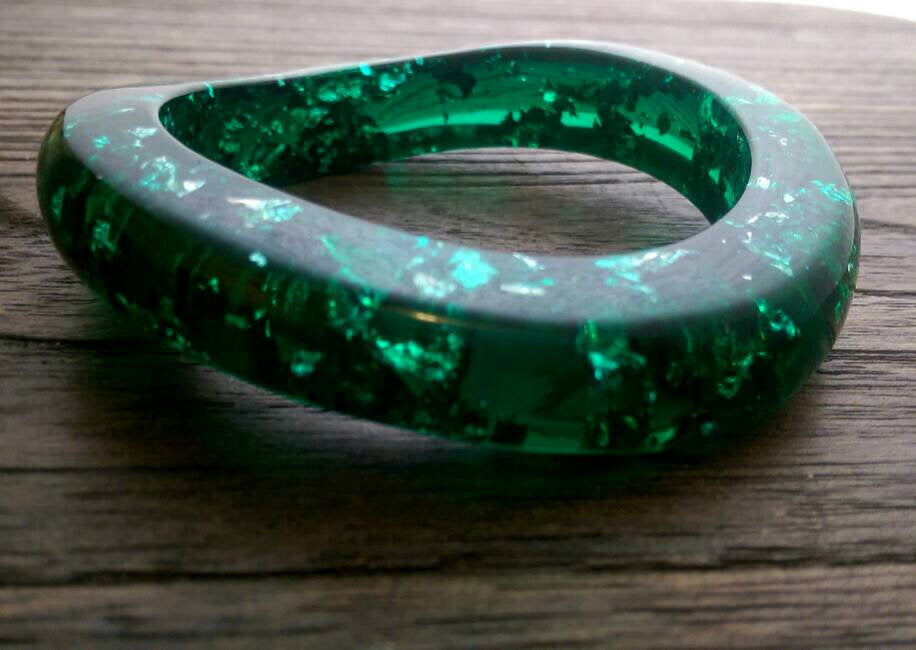 Resin Bangle, Emerald Green Silver Foil Mix Wave Design Handmade Bangle - Silver and Resin Designs