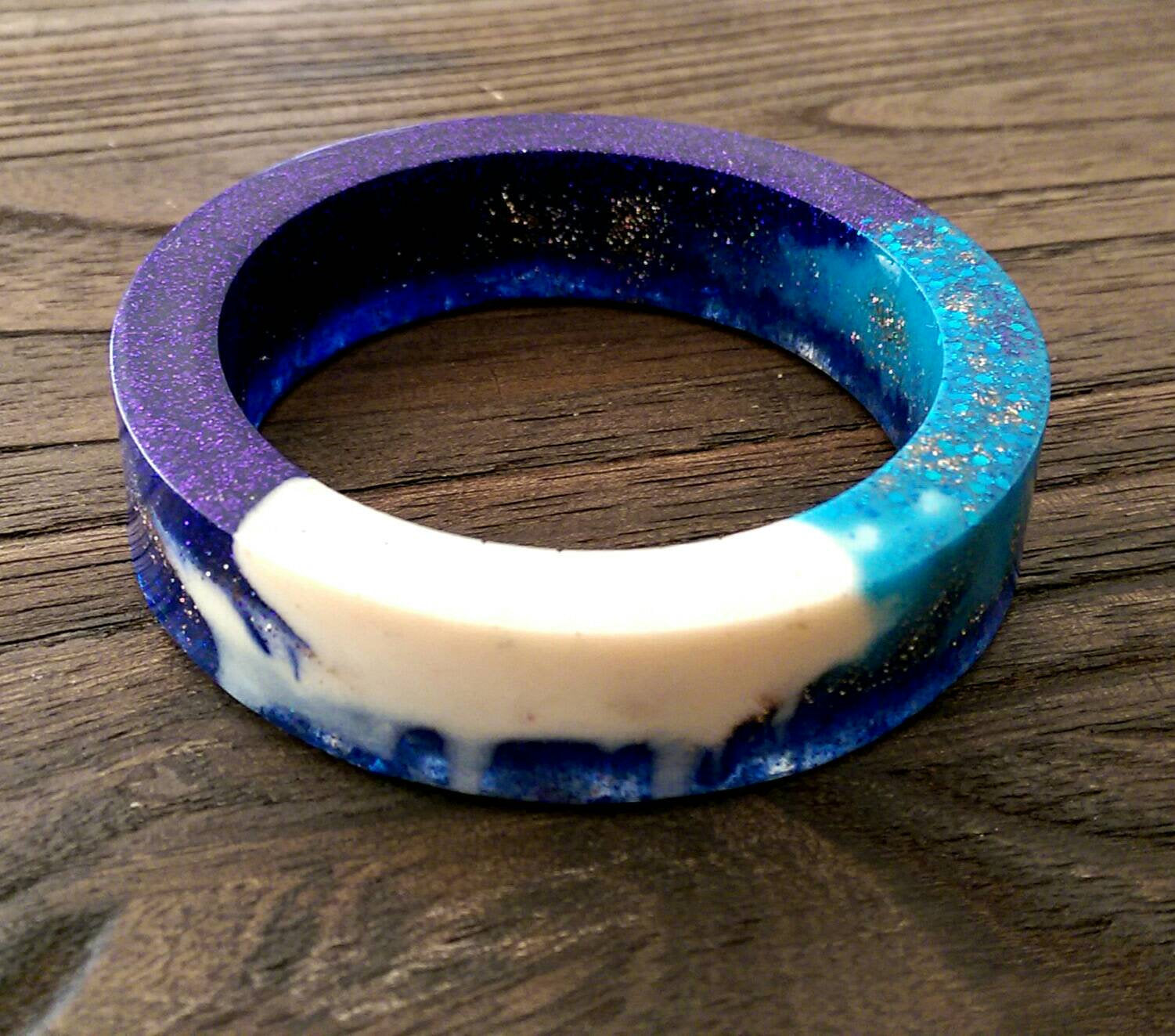 Galaxy Resin Bangle, One of a Kind Mix Blues, White & Glitter Resin Bangle Hand Made 62mm Diameter - Silver and Resin Designs