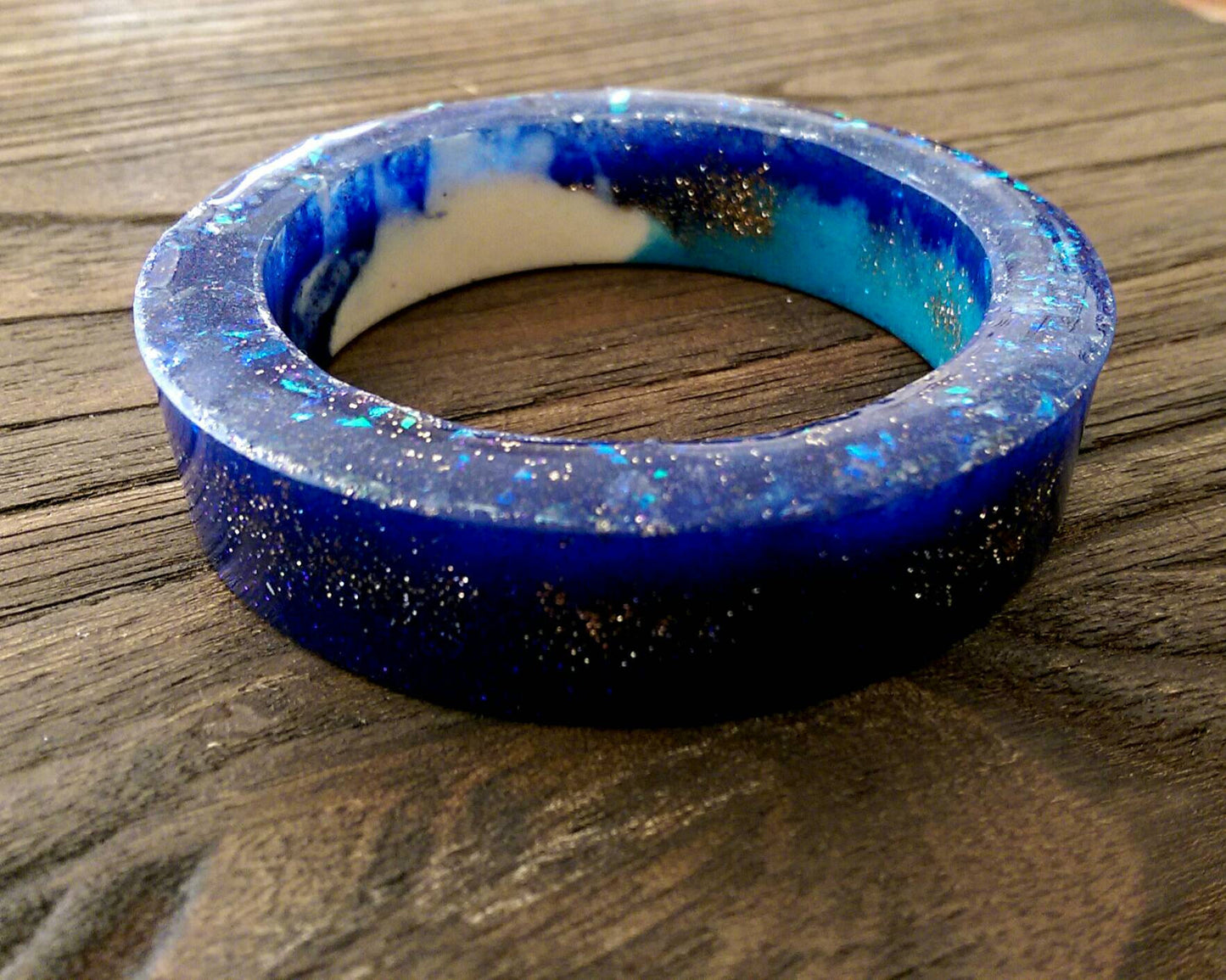 Galaxy Resin Bangle, One of a Kind Mix Blues, White & Glitter Resin Bangle Hand Made 62mm Diameter - Silver and Resin Designs