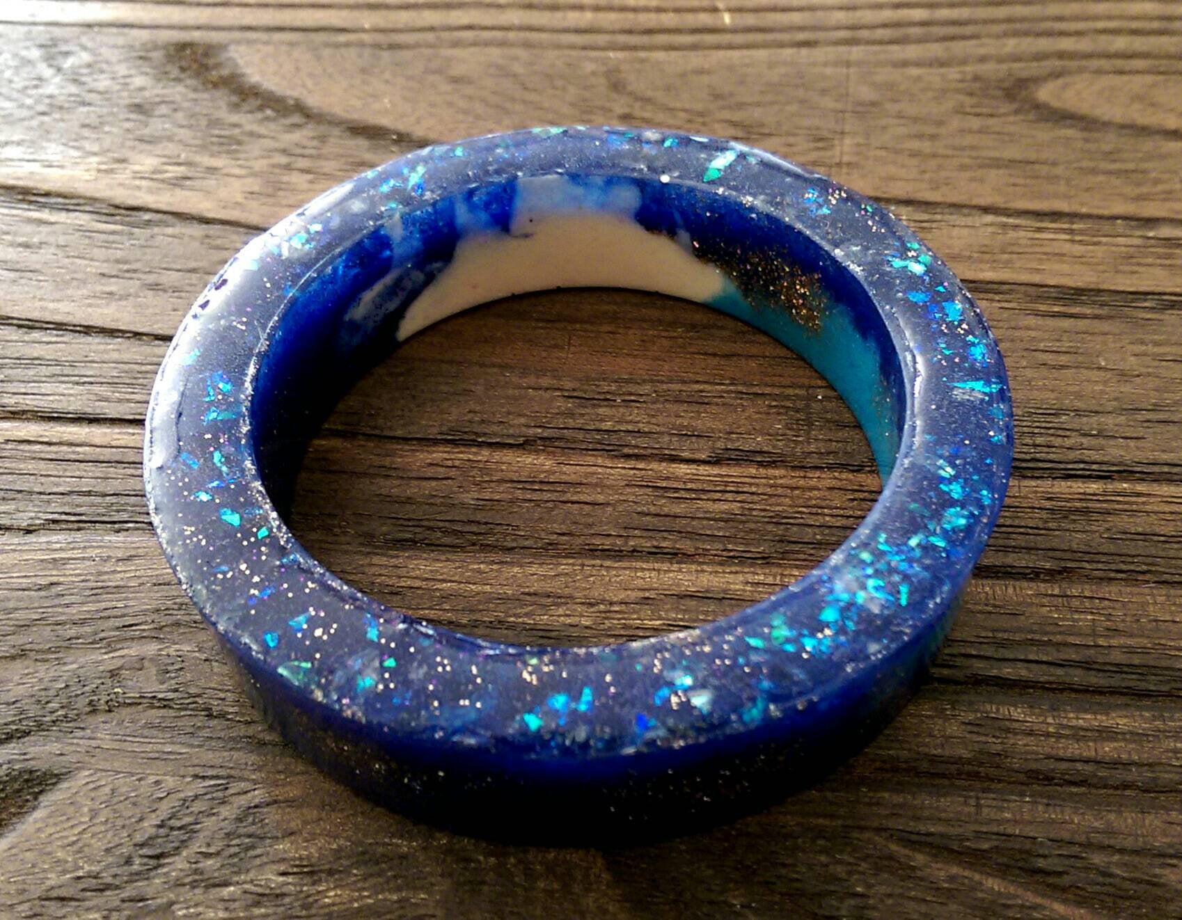 Galaxy Resin Bangle, One of a Kind Mix Blues, White & Glitter Resin Bangle Hand Made 62mm Diameter - Silver and Resin Designs