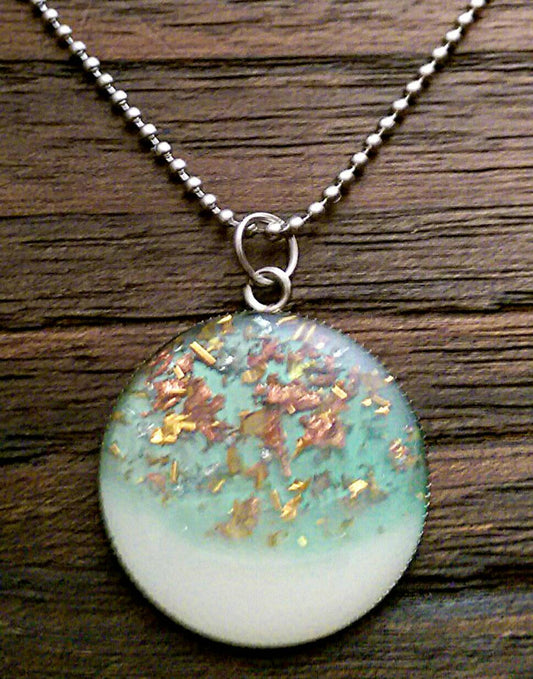 Resin Circle Necklace Baby Blue and White with mixed leaf Stainless Steel. 30mm Circle Pendant.