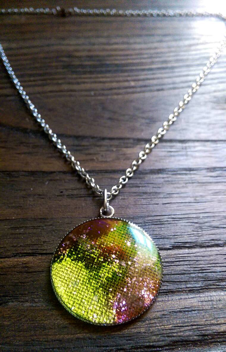 Resin Circle Necklace, Lime Green Purple mix glitter Stainless Steel. 30mm Circle Pendant.