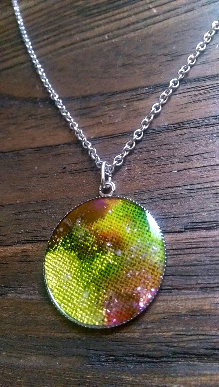 Resin Circle Necklace, Lime Green Purple mix glitter Stainless Steel. 30mm Circle Pendant.