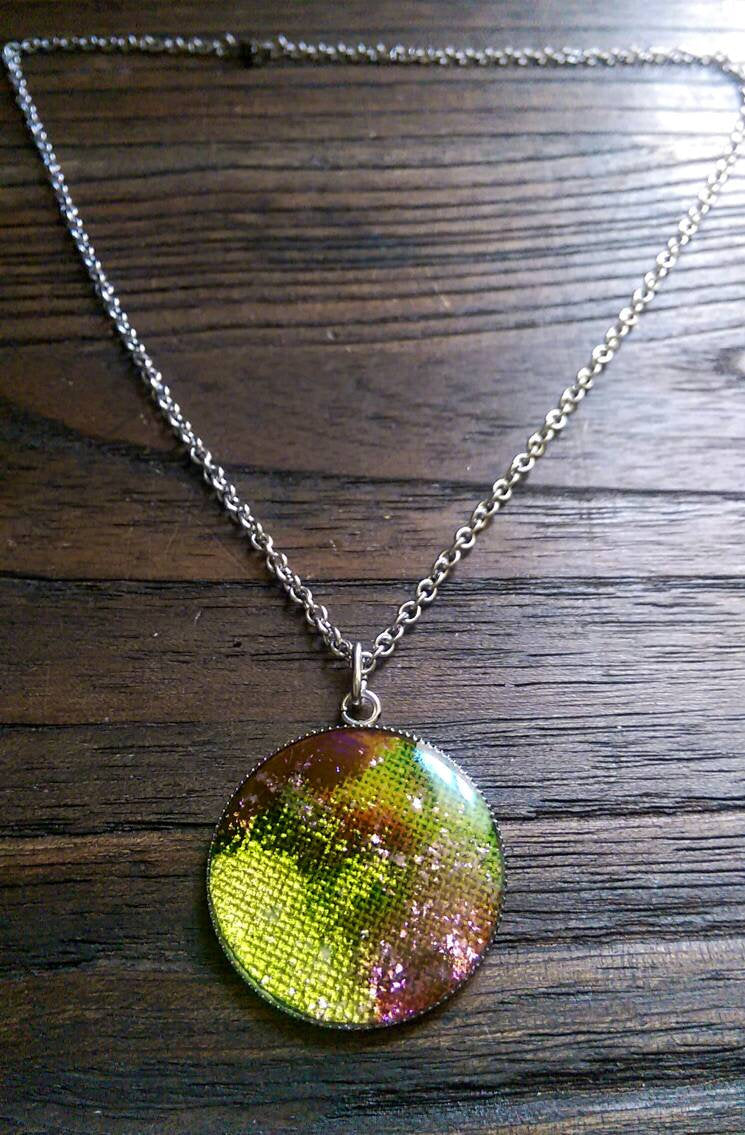Resin Circle Necklace, Lime Green Purple mix glitter Stainless Steel. 30mm Circle Pendant.