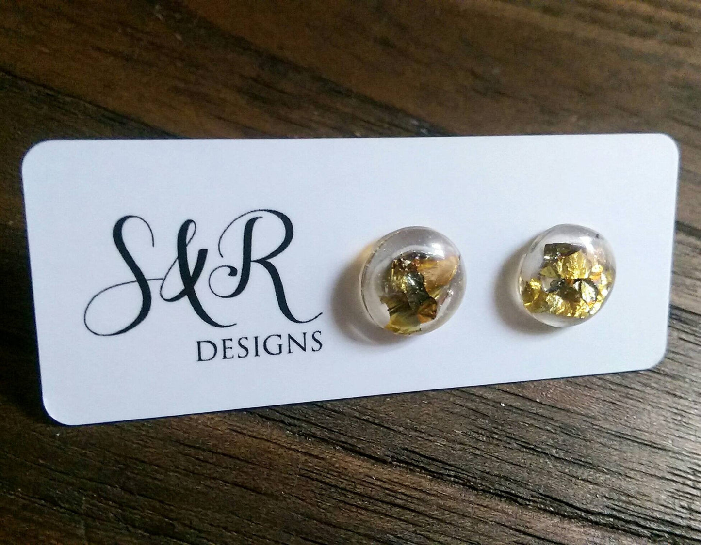 Circle Resin Stud Earrings, Rose Gold, Gold Mix Leaf Stud Earrings, Stainless Steel Stud Earrings. 12mm