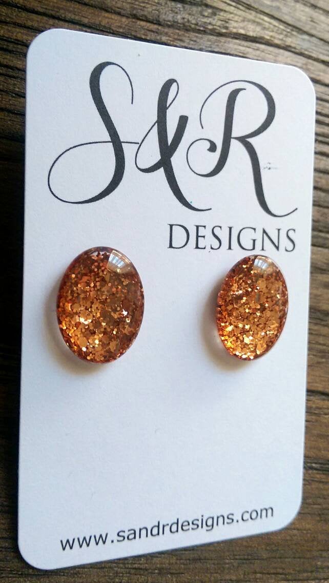 Oval Glass Glitter Resin Stud Earrings made of Stainless Steel, Rose Gold Copper Glitter Earrings