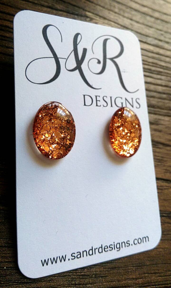 Oval Glass Glitter Resin Stud Earrings made of Stainless Steel, Rose Gold Copper Glitter Earrings