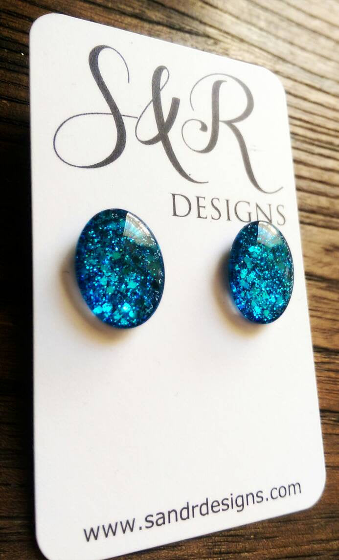 Oval Glass Glitter Resin Stud Earrings made of Stainless Steel, Ocean Blue Glitter Earrings