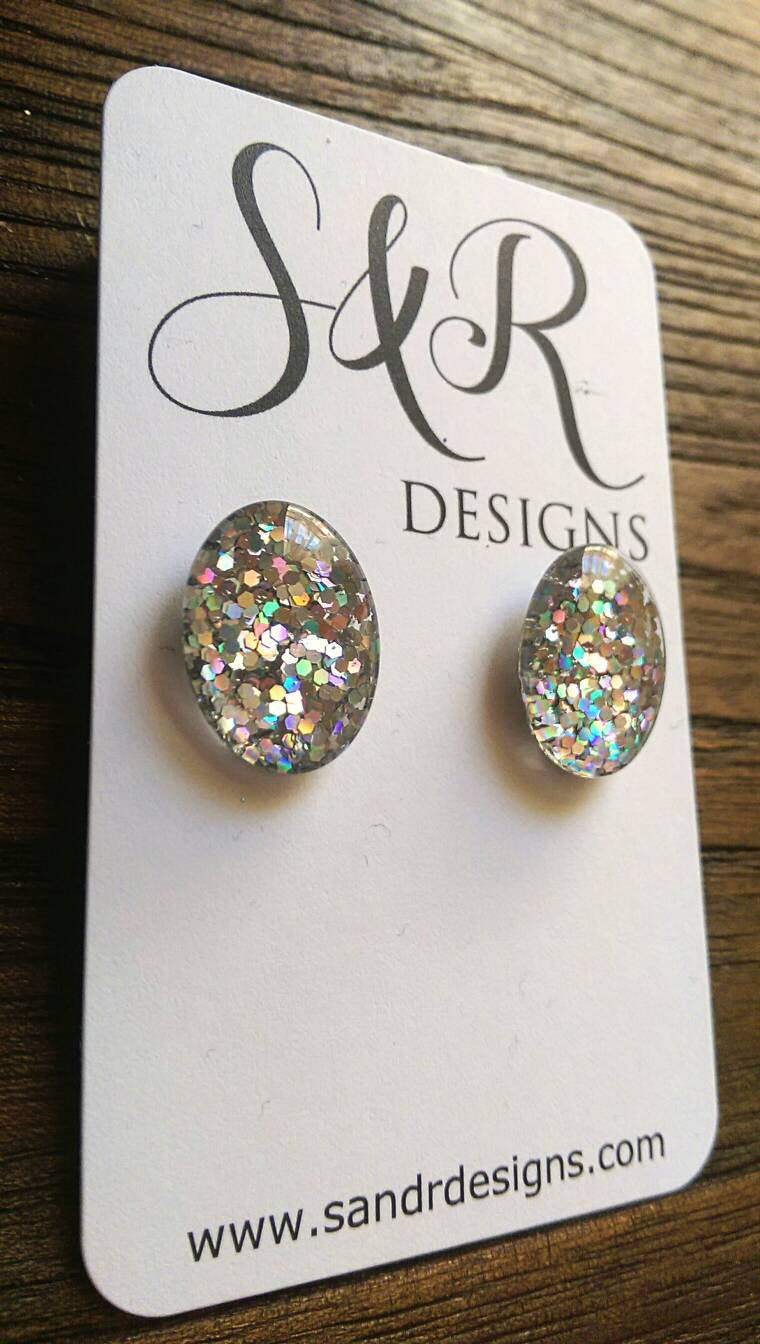 Oval Glass Glitter Resin Stud Earrings made of Stainless Steel, Silver Holographic Glitter Earrings