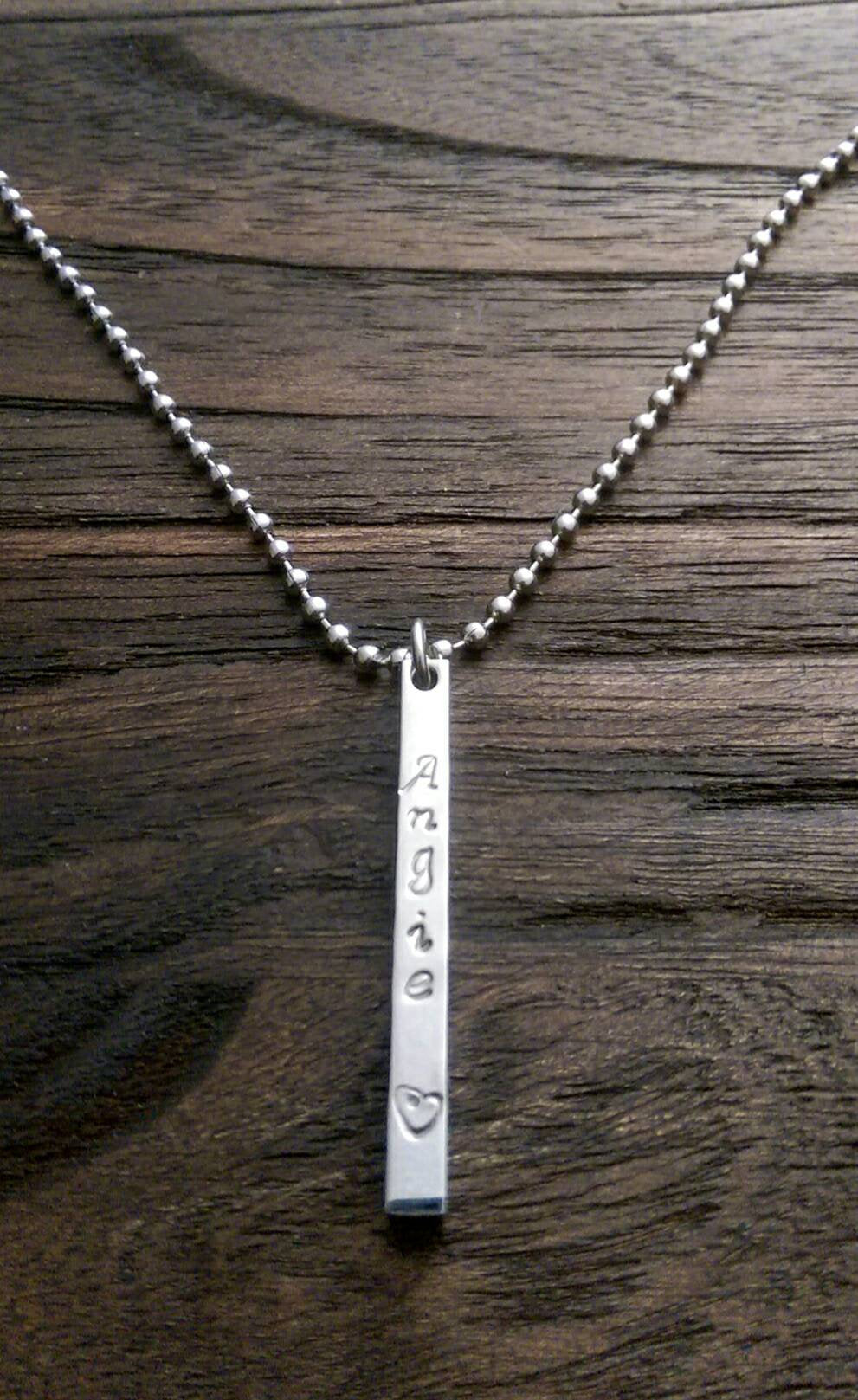 Personalised Name Stamped Necklace Bar Stainless Steel, 4 Sided Bar Pendant Necklace - Silver and Resin Designs