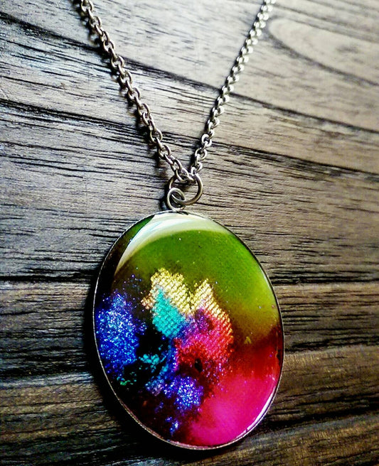 Resin Circle Pendant Necklace, Lime Green Purple Pink Blue Turquoise Gold mix glitter Stainless Steel. 40mm Pendant, Statement Necklace