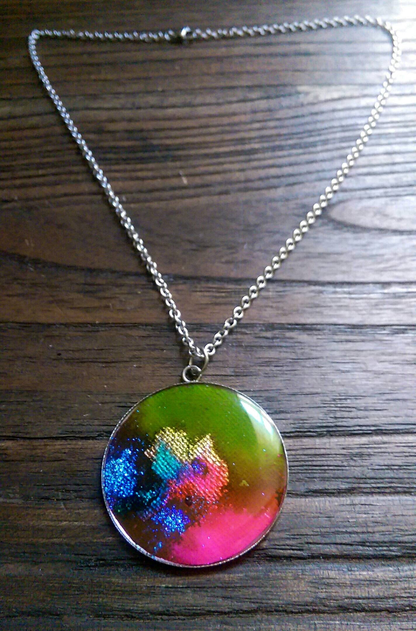 Resin Circle Pendant Necklace, Lime Green Purple Pink Blue Turquoise Gold mix glitter Stainless Steel. 40mm Pendant, Statement Necklace