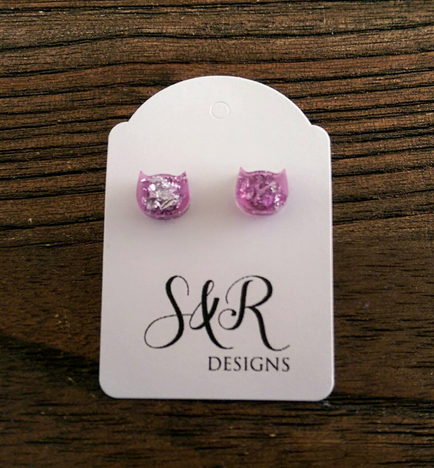 Cat Resin Stud Earrings Leaf Earrings Light Pink Silver Leaf