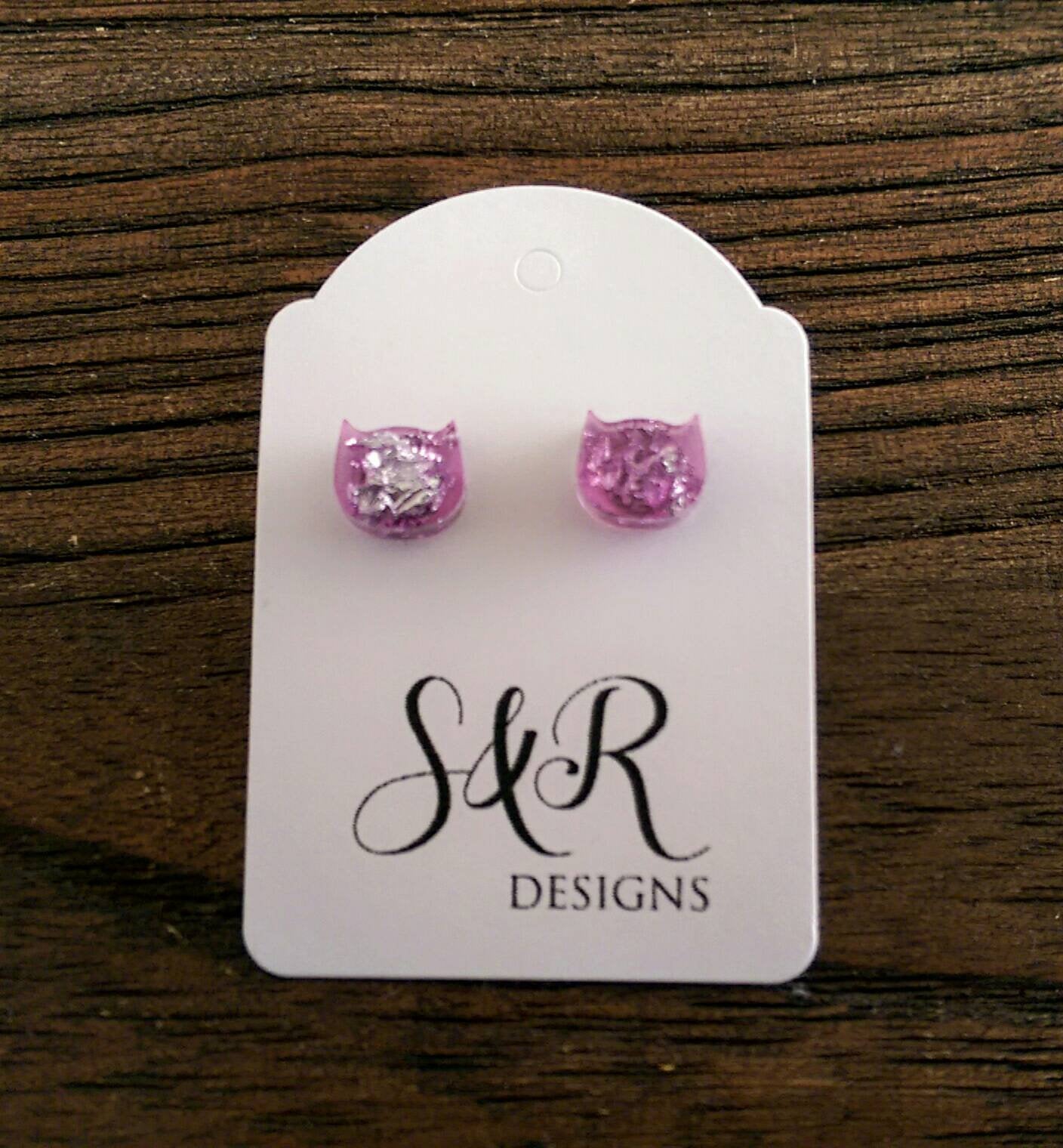 Cat Resin Stud Earrings, Leaf Earrings, Light Pink Silver Leaf Earrings made with Stainless Steel.