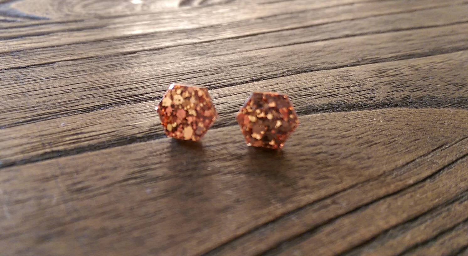 Hexagon Resin Stud Earrings, Rose Gold Copper Earrings. Stainless Steel Stud Earrings. 10mm - Silver and Resin Designs