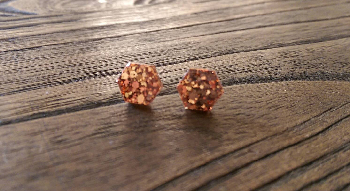 Hexagon Resin Stud Earrings, Rose Gold Copper Earrings. Stainless Steel Stud Earrings. 10mm or 6mm