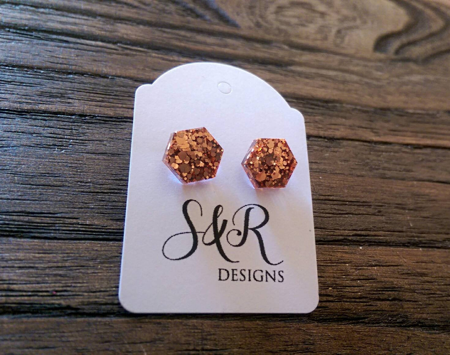 Hexagon Resin Stud Earrings, Rose Gold Copper Earrings. Stainless Steel Stud Earrings. 10mm or 6mm