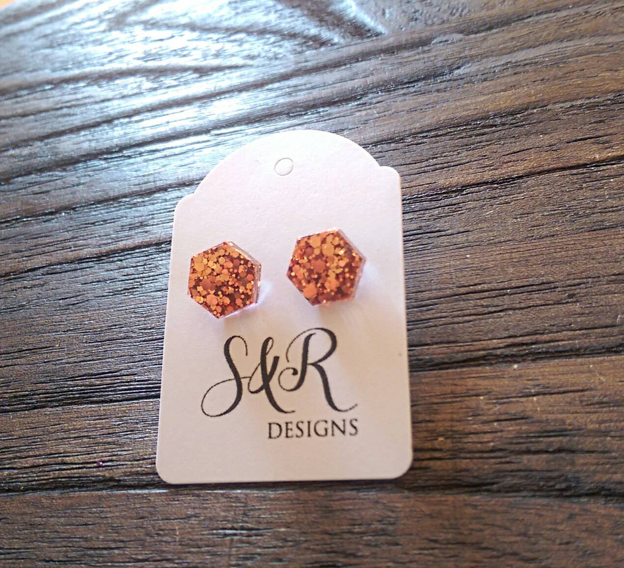 Hexagon Resin Stud Earrings, Rose Gold Copper Earrings. Stainless Steel Stud Earrings. 10mm or 6mm