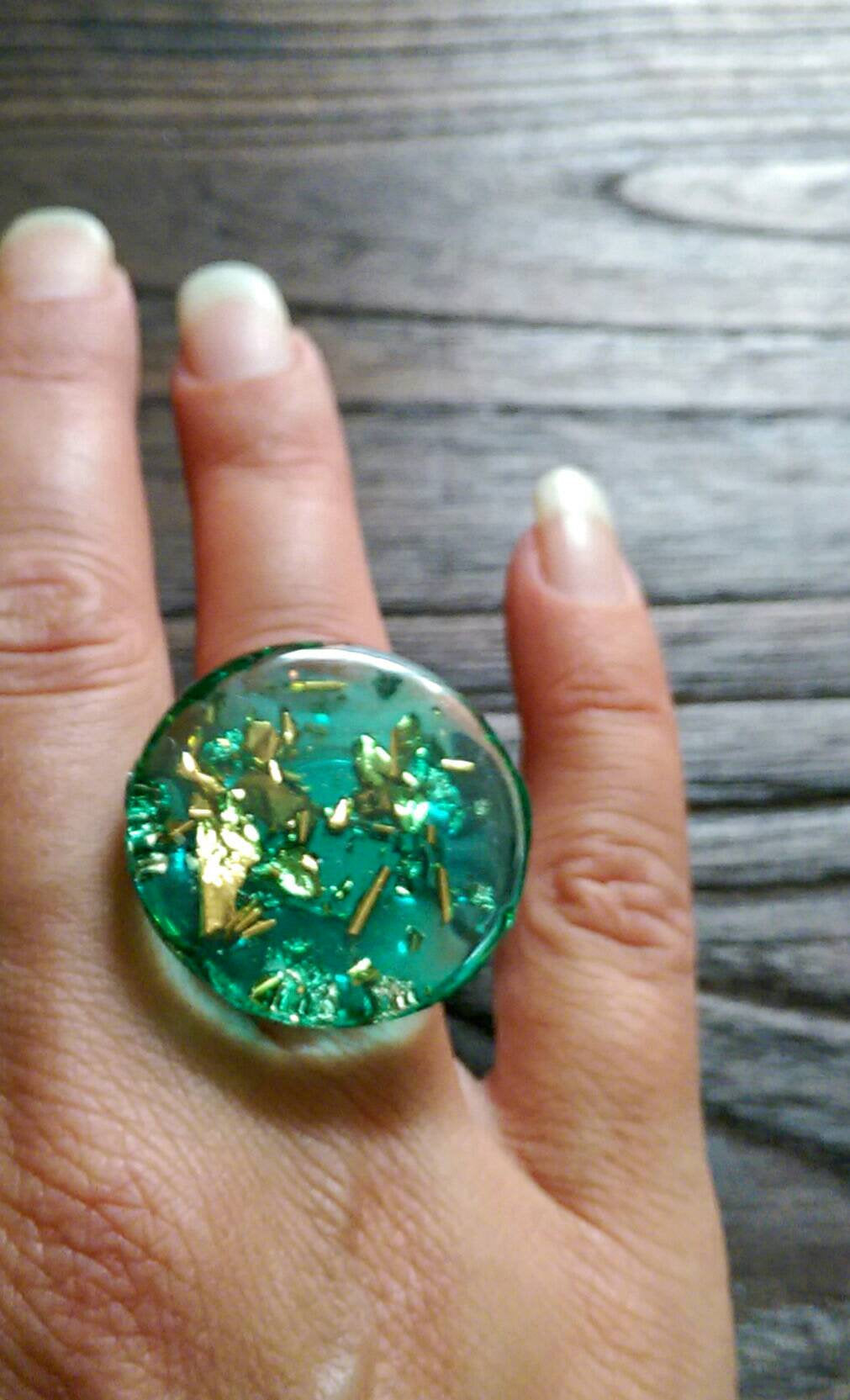 Statement Glass Resin Ring, Emerald Green Gold Leaf Ring Stainless Steel Adjustable Ring - Silver and Resin Designs