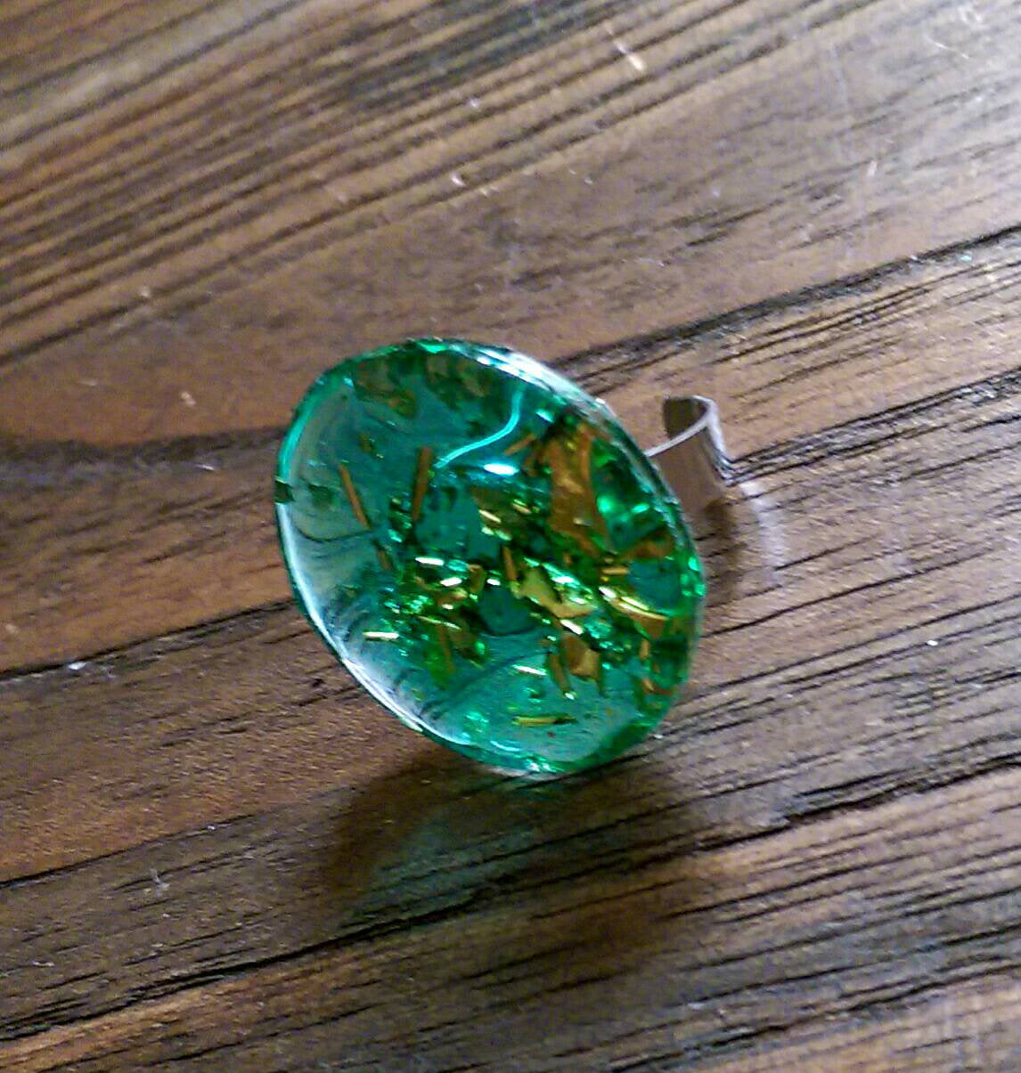 Statement Glass Resin Ring, Emerald Green Gold Leaf Ring Stainless Steel Adjustable Ring - Silver and Resin Designs