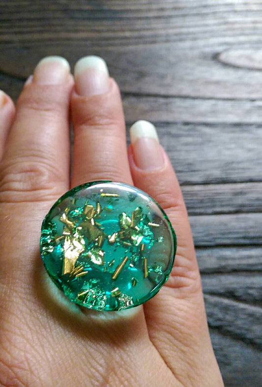 Statement Glass Resin Ring, Emerald Green Gold Leaf Ring Stainless Steel Adjustable Ring - Silver and Resin Designs