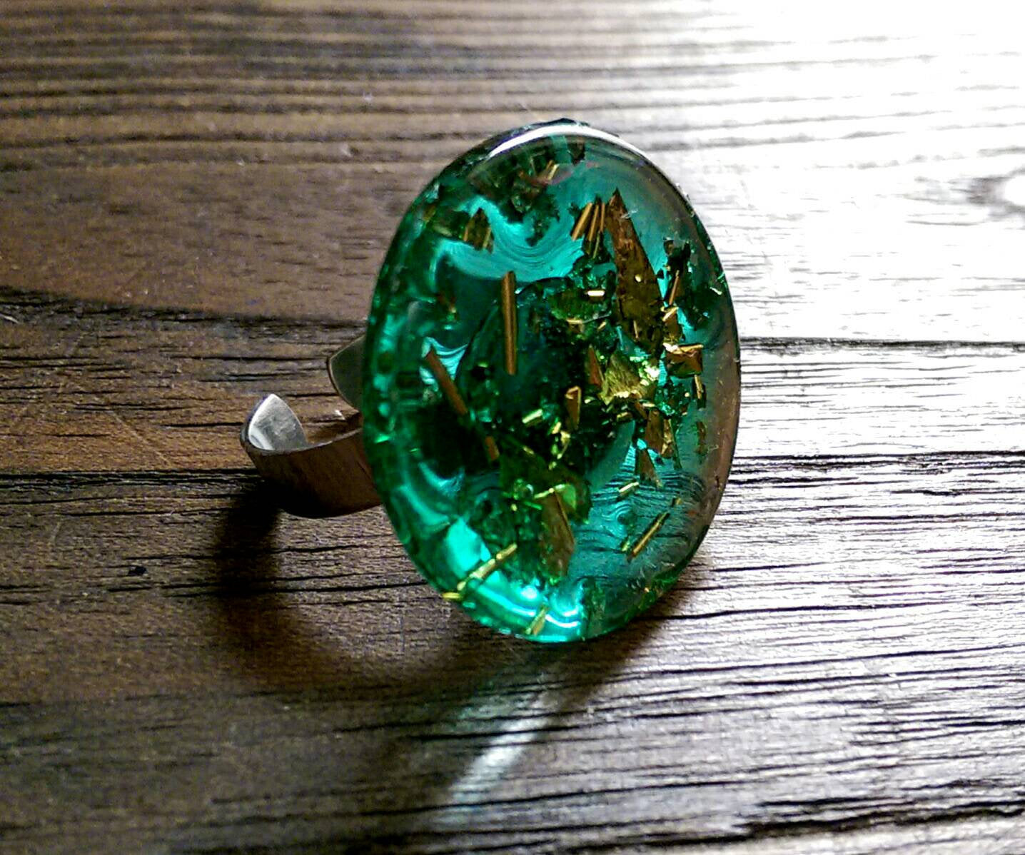 Statement Glass Resin Ring, Emerald Green Gold Leaf Ring Stainless Steel Adjustable Ring - Silver and Resin Designs