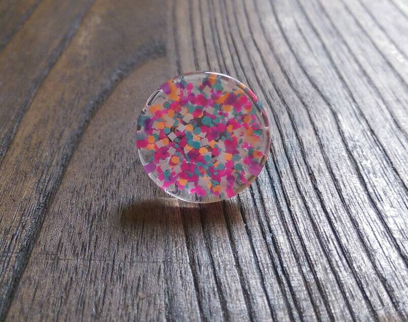 Statement Glass Resin Glitter Ring, Mix Glitter Ring Stainless Steel Adjustable Ring - Silver and Resin Designs